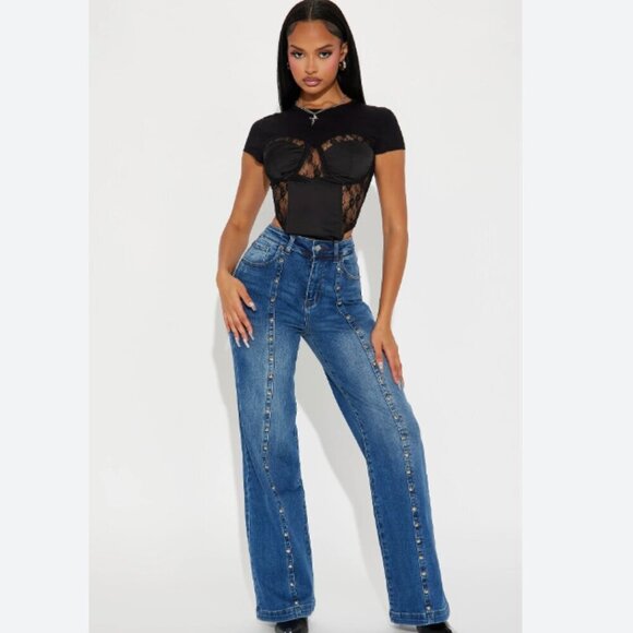 Fashion Nova Getting Entangled Studded Stretch Flare Jeans - Picture 1 of 3